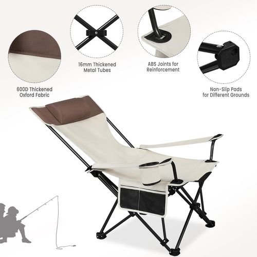 2xChaise De Camping Pliable Avec Appui-tête,Porte-gobelet,Poche De Rangement,Sac De Transport,Beige