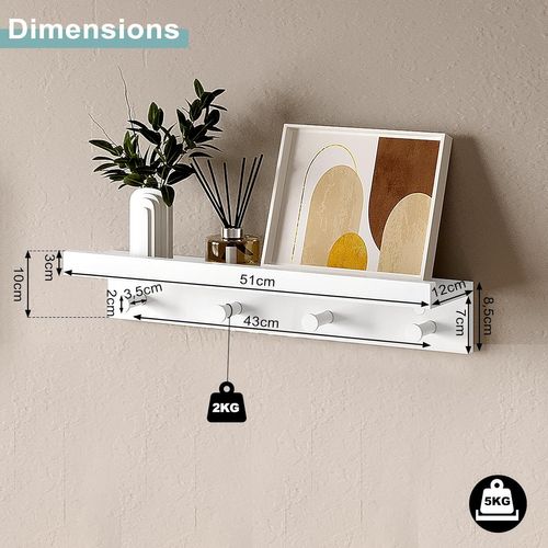 Étagère Murale Avec 4 Crochets,porte Manteau Mural Avec Tablette Et Étagère,en Mdf,blanc