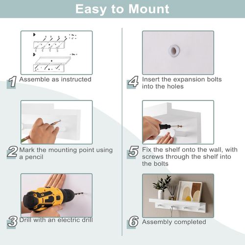 Étagère Murale Avec 4 Crochets,porte Manteau Mural Avec Tablette Et Étagère,en Mdf,blanc