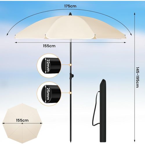 Parasol De Jardin 175cm, Fonction D'inclinaison, Anti-uv, Sac De Rangement, Beige