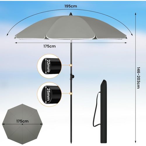 Parasol De Jardin 195cm, Fonction D'inclinaison, Anti-uv, Sac De Rangement, Gris Foncé