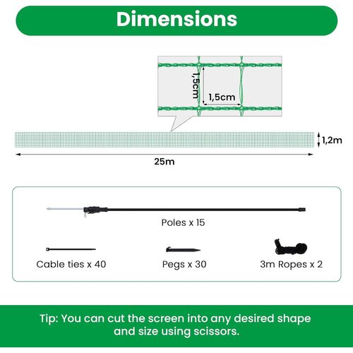 Filet De Volière 25x1,2m,filet De Protection Avec Cordes Piquets De Terre Attaches-câbles,53g/m²pe
