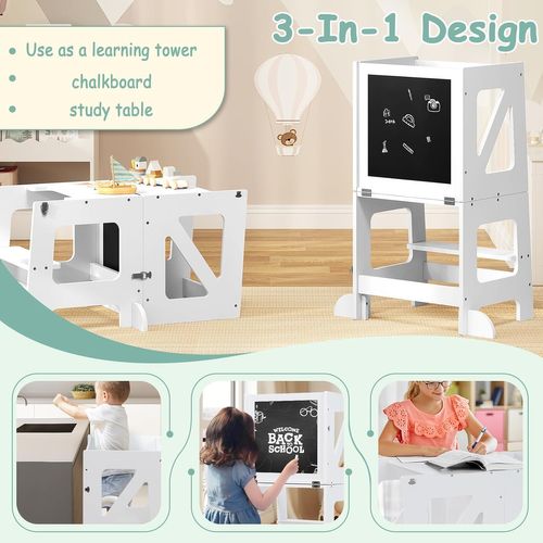 Tour D'apprentissage Montessori 3 En 1,tour D'observation Avec Tableau Noir,barre De Sécurité,blanc
