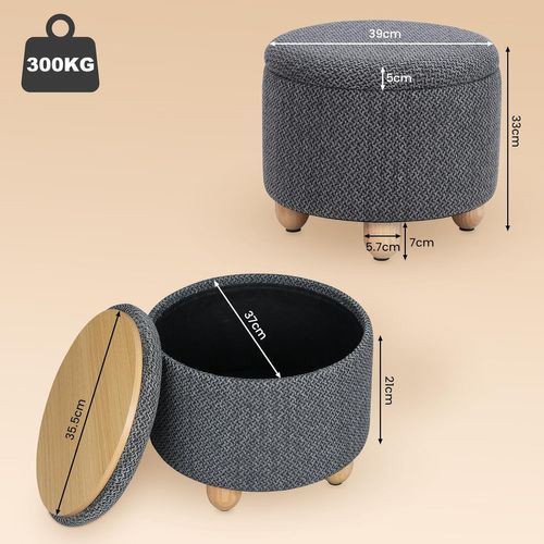 Pouf De Rangement,tabouret Rembourré Avec Couvercle,pouf Avec Pieds En Pin,ø39x33cm,gris Foncé