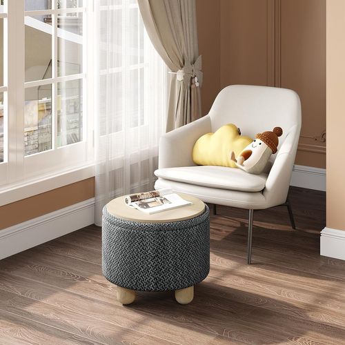 Pouf De Rangement,tabouret Rembourré Avec Couvercle,pouf Avec Pieds En Pin,ø39x33cm,gris Foncé