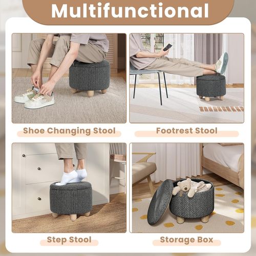 Pouf De Rangement,tabouret Rembourré Avec Couvercle,pouf Avec Pieds En Pin,ø39x33cm,gris Foncé