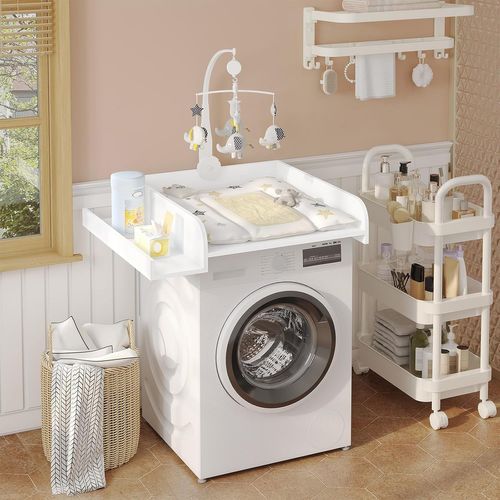 Plan à Langer Pour Machine à Laver, Planche à Langer Bébé,avec Rebord De Protection Et Étagère,Blanc