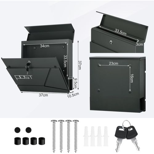 Boîte Aux Lettres Murale, Avec Porte-Journaux, Couvercle, Serrure Et Clé, Anthracite, 37x10,5x37cm