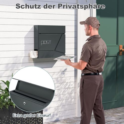 Boîte Aux Lettres Murale, Avec Porte-Journaux, Couvercle, Serrure Et Clé, Anthracite, 37x10,5x37cm
