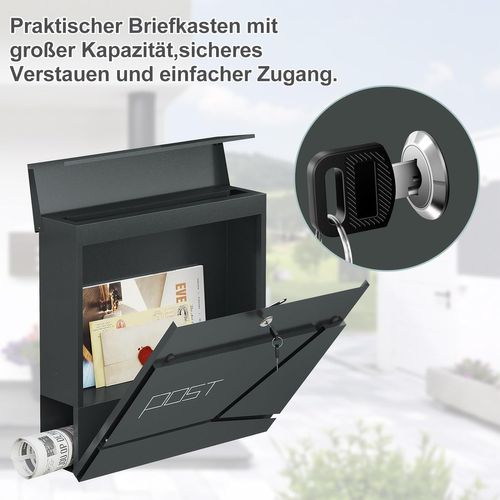 Boîte Aux Lettres Murale, Avec Porte-Journaux, Couvercle, Serrure Et Clé, Anthracite, 37x10,5x37cm