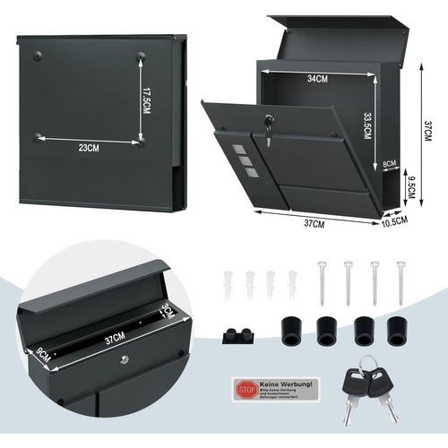 Boîte Aux Lettres Murale En Alliage,Avec 2 Clés,Couvercle à Charnière Et Porte-Journaux,Anthracite