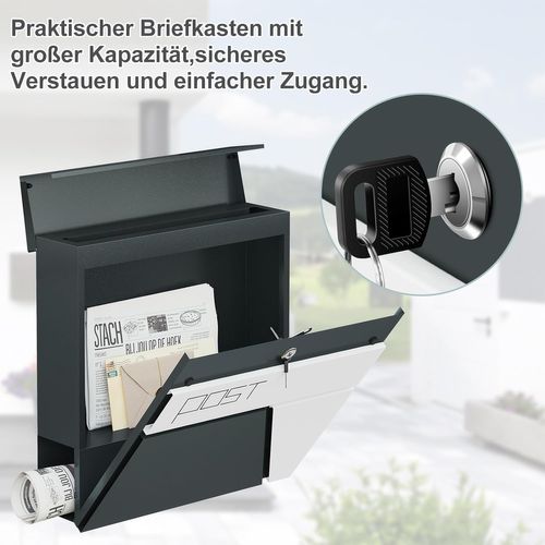 Boîte Aux Lettres Murale,Avec Porte-Journaux,Couvercle,Serrure Et Clé,Anthracite+Blanc,37x10,5x37cm