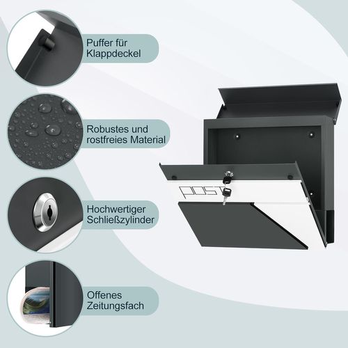 Boîte Aux Lettres Murale,Avec Porte-Journaux,Couvercle,Serrure Et Clé,Anthracite+Blanc,37x10,5x37cm