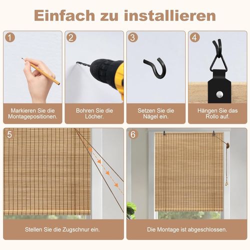 Store Enrouleur Bambou,Store Occultant En Bambou,Protection Solaire,Tirage Latéral,Marron,110x220cm