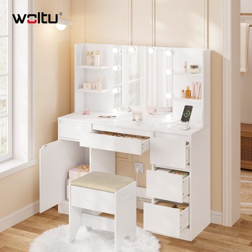 Coiffeuse Avec Miroir Et Multiprise, Luminosité Réglable, Table De Maquillage, 110x40 Cm, Blanc