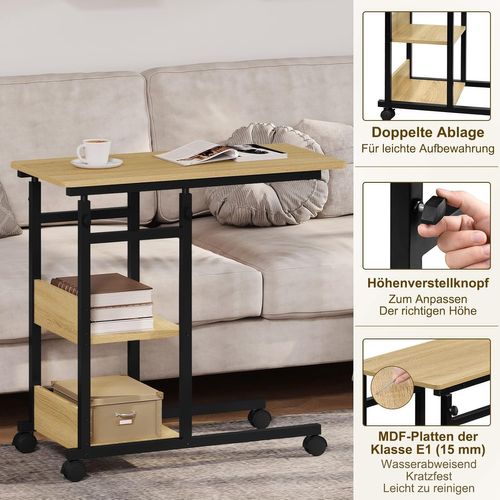 Table D'appoint Avec Roulettes,Table Basse,Hauteur Réglable,En Bois D'ingénierie+Métal,Chêne Clair