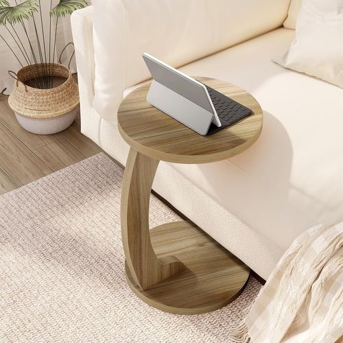 Table D'appoint En Forme De C,table Basse Ronde,bout De Canapé,en Mdf,38x55cm,chêne Clair