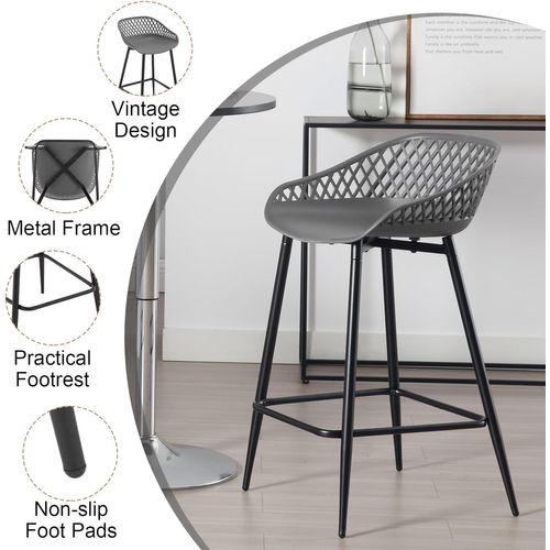 Lot De 4 Tabourets De Bar Haut,Tabourets Extérieur Jardin Avec Siège Plastique,Pieds En Métal,Gris
