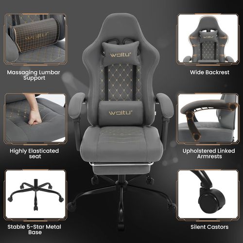 Chaise Gaming Massante,fauteuil Gamer,avec Soutien Lombaire Massant,tissu Technique,gris+jaune