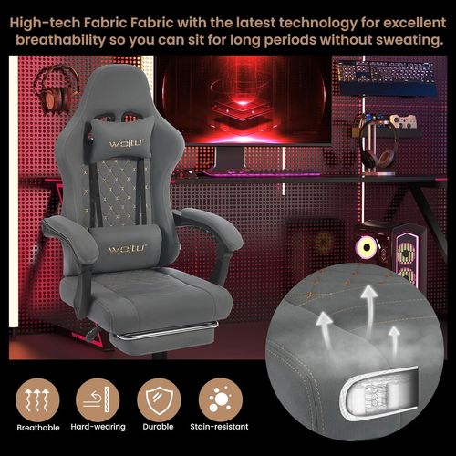 Chaise Gaming Massante,fauteuil Gamer,avec Soutien Lombaire Massant,tissu Technique,gris+jaune