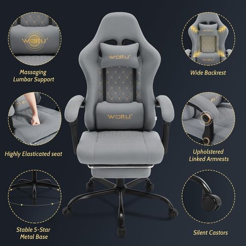 Chaise Gaming Massante, Fauteuil Gamer, Avec Soutien Lombaire Massant, Tissu Maille, Gris+Jaune