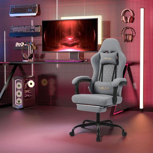 Chaise Gaming Massante, Fauteuil Gamer, Avec Soutien Lombaire Massant, Tissu Maille, Gris+Jaune