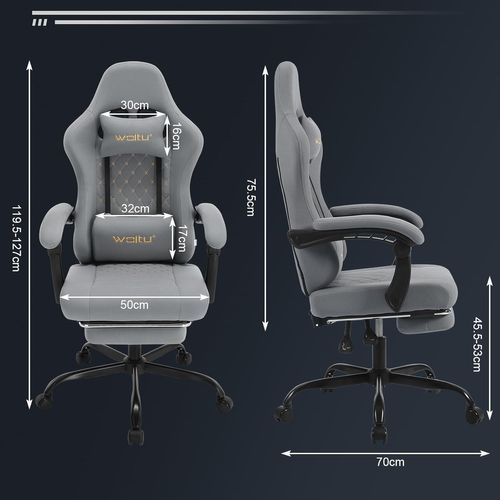 Chaise Gaming Massante, Fauteuil Gamer, Avec Soutien Lombaire Massant, Tissu Maille, Gris+Jaune