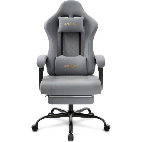 Chaise Gaming Massante, Fauteuil Gamer, Avec Soutien Lombaire Massant, Tissu Maille, Gris+Jaune