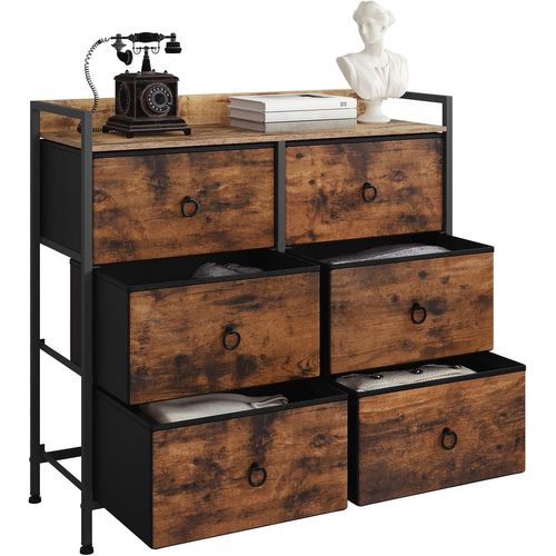Commode Chambre Adulte 6 Tiroirs,Meuble De Rangement Avec Tiroirs En Tissu,Marron Rustique+Noir