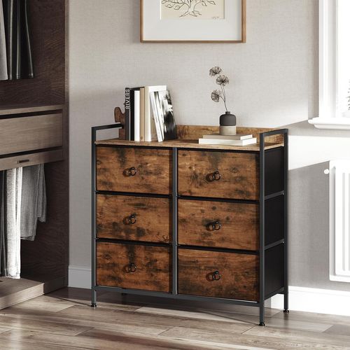 Commode Chambre Adulte 6 Tiroirs,Meuble De Rangement Avec Tiroirs En Tissu,Marron Rustique+Noir