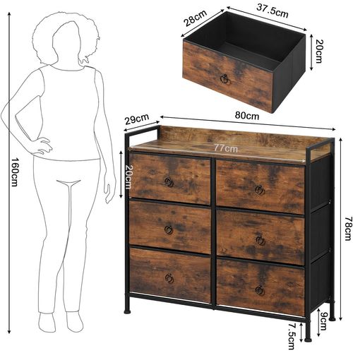 Commode Chambre Adulte 6 Tiroirs,Meuble De Rangement Avec Tiroirs En Tissu,Marron Rustique+Noir