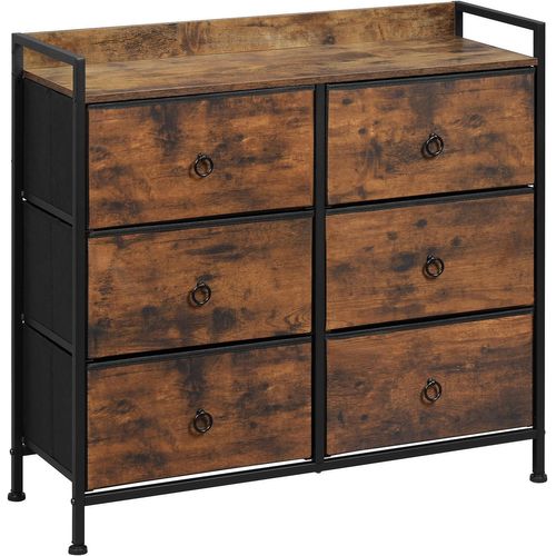 Commode Chambre Adulte 6 Tiroirs,Meuble De Rangement Avec Tiroirs En Tissu,Marron Rustique+Noir