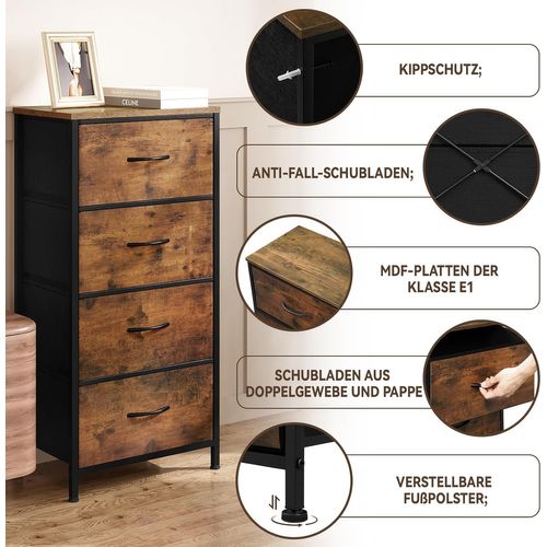 Commode 4 Tiroirs En Tissu, Dessus En Bois D'ingénierie E1, Marron Rustique+noir