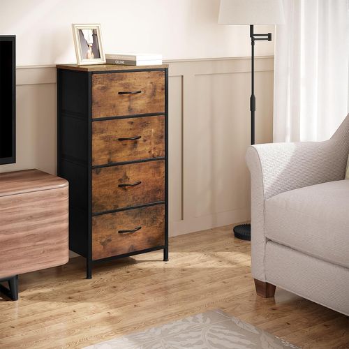 Commode 4 Tiroirs En Tissu, Dessus En Bois D'ingénierie E1, Marron Rustique+noir