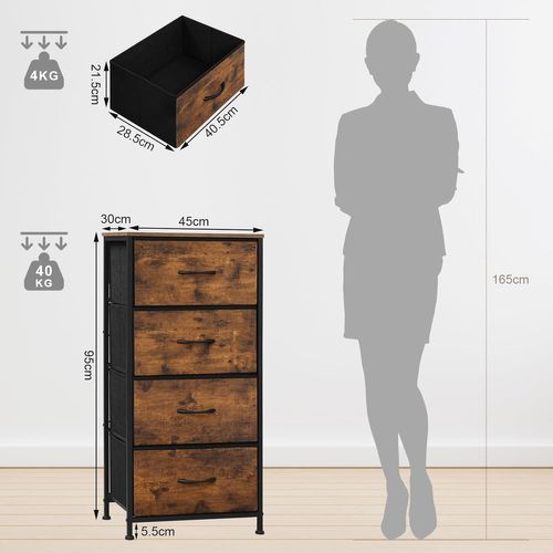 Commode 4 Tiroirs En Tissu, Dessus En Bois D'ingénierie E1, Marron Rustique+noir