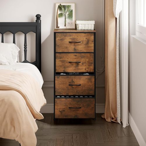 Commode 4 Tiroirs En Tissu, Dessus En Bois D'ingénierie E1, Marron Rustique+noir