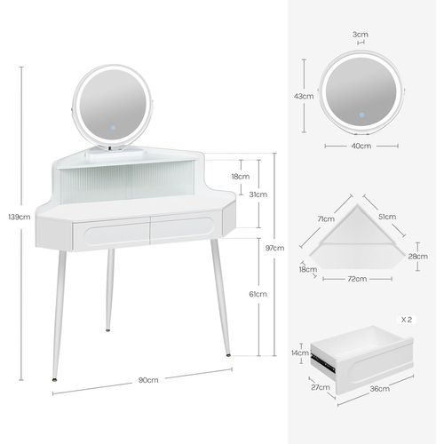 Coiffeuse D'angle, Avec Miroir LED à Luminosité Réglable, Avec 1 Casier Avec Portes En Verre, Blanc