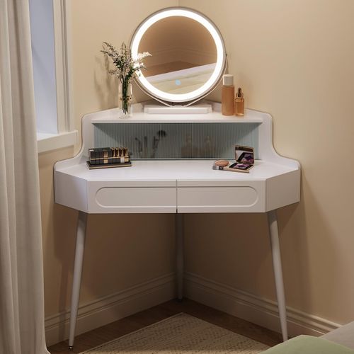 Coiffeuse D'angle, Avec Miroir LED à Luminosité Réglable, Avec 1 Casier Avec Portes En Verre, Blanc