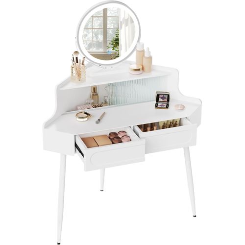 Coiffeuse D'angle, Avec Miroir LED à Luminosité Réglable, Avec 1 Casier Avec Portes En Verre, Blanc