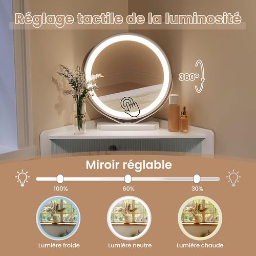 Coiffeuse D'angle, Avec Miroir LED à Luminosité Réglable, Avec 1 Casier Avec Portes En Verre, Blanc