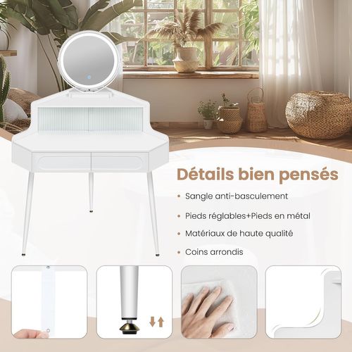 Coiffeuse D'angle, Avec Miroir LED à Luminosité Réglable, Avec 1 Casier Avec Portes En Verre, Blanc