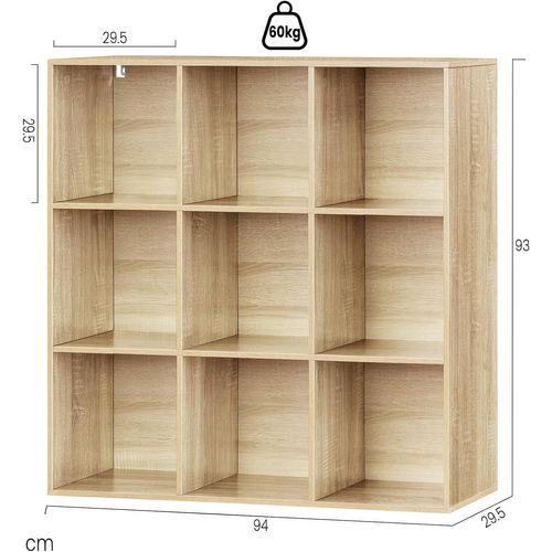 Bibliothèque Avec 9 Compartiments, Meuble De Rangement Autoportant, 94x29,5x93cm, Chêne Clair