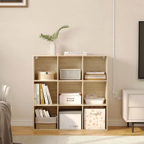 Bibliothèque Avec 9 Compartiments, Meuble De Rangement Autoportant, 94x29,5x93cm, Chêne Clair