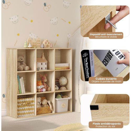 Bibliothèque Avec 9 Compartiments, Meuble De Rangement Autoportant, 94x29,5x93cm, Chêne Clair