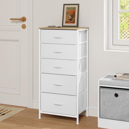 Commode, Meuble De Rangement Avec 5 Tiroirs En Tissu, En Mdf, Blanc Nuage + Chêne Beige