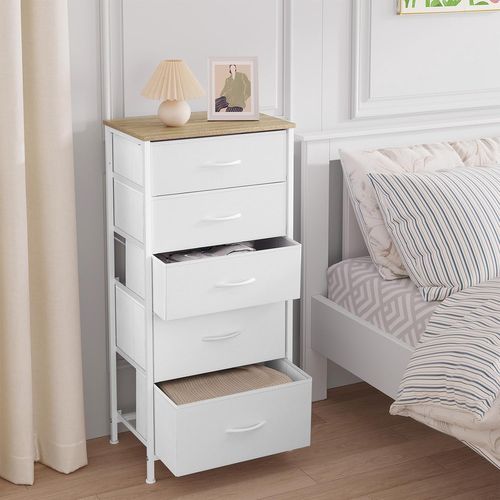 Commode, Meuble De Rangement Avec 5 Tiroirs En Tissu, En Mdf, Blanc Nuage + Chêne Beige