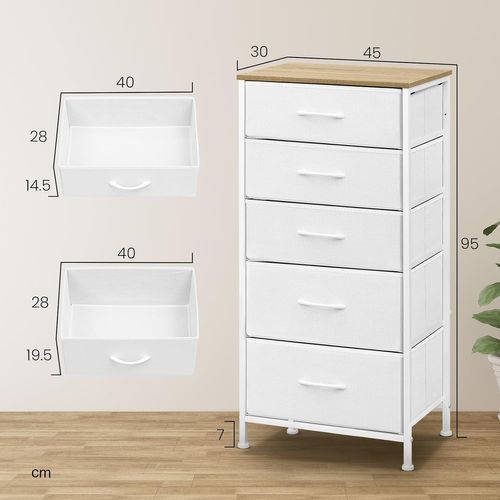 Commode, Meuble De Rangement Avec 5 Tiroirs En Tissu, En Mdf, Blanc Nuage + Chêne Beige