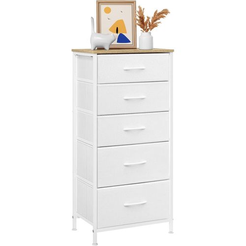 Commode, Meuble De Rangement Avec 5 Tiroirs En Tissu, En Mdf, Blanc Nuage + Chêne Beige