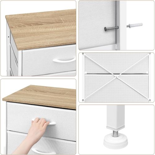 Commode, Meuble De Rangement Avec 5 Tiroirs En Tissu, En Mdf, Blanc Nuage + Chêne Beige
