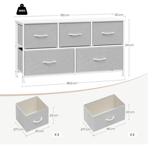 Commode, Meuble De Rangement, 5 Tiroirs En Tissu, En Bois D'ingénierie, Gris Tourterelle+Blanc Nuage